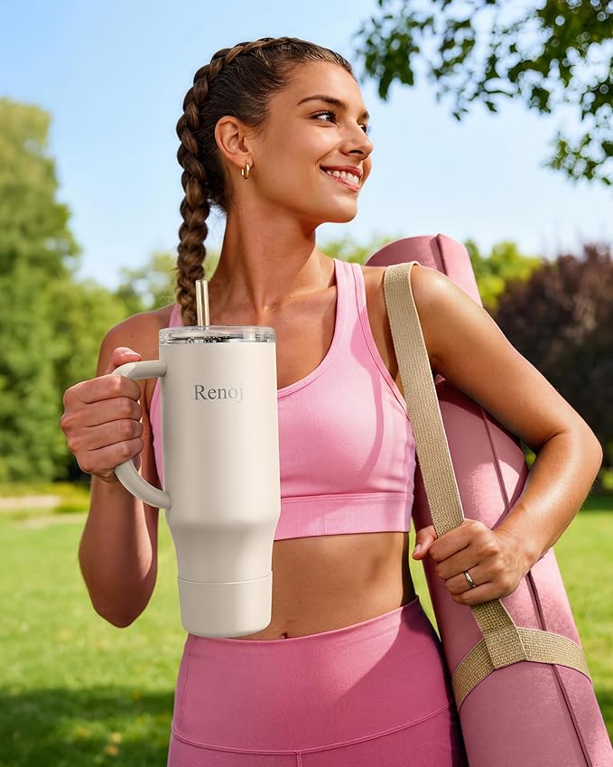 Vibration Plate Exercise Platform with Loop Bands + Renoj FlexSlide 32oz Insulated Stainless Steel Tumbler (White) – Full Body Workout & Recovery Set