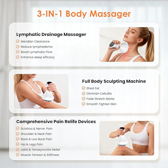 Lymphatic Drainage Massager, Anti-Cellulite Massager For Body Cellulite and Thigh & Belly Stretch Marks Reduction, Handheld Massage tools for lymphedema & lipedema, Sciatica Nerve pain relief Devices
