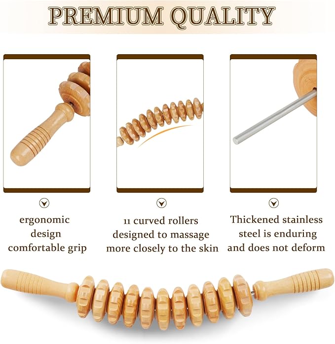 Liitrton Wood Therapy Fasci Massage Tools, Curved Wooden Massage Roller Cellulite Reduction and Muscle Tension (White-Curved)