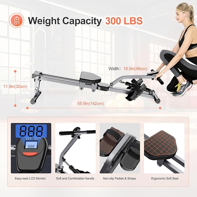 Home Folding Rowing Machine,Hydraulic Rowing Machine,Dual Tracks for Quieter,300LBS Weight Capacity with 12 Levels of Adjustable Resistance,LCD Display for Real-time Recording for Indoor Fitness