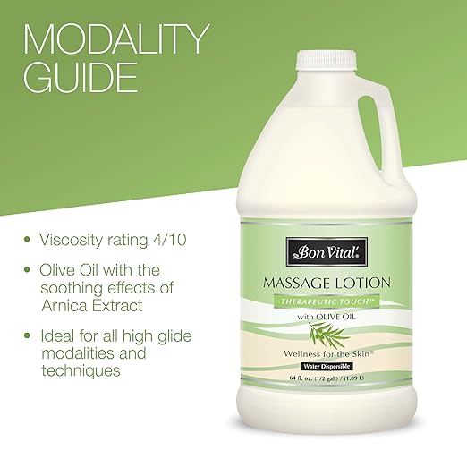 Bon Vital' Therapeutic Touch Massage Lotion, 1/2-Gallon, Olive Oil-Infused Moisturizing Lotion for Massage Therapy, Non-Greasy Skin Therapy for Clinics & Spas, Professional Grade, Unscented