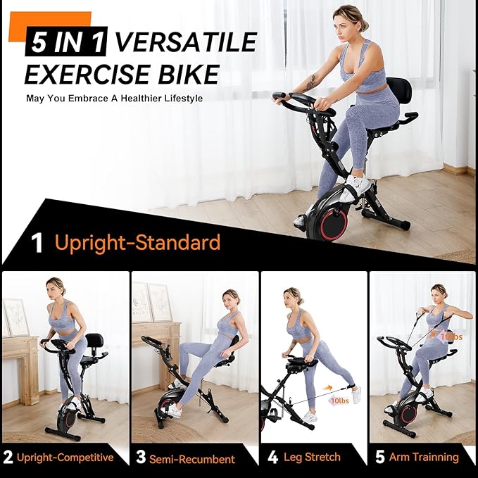 Foldable Exercise Bike Stationary Bikes for Home, 5 IN 1 Indoor Workout Bike for Seniors, with 16-Level Quiet Magnetic Resistance, 6.6 LBS Flywheel and 300LBS Capacity, 2025 Designed 817 X-bike Black
