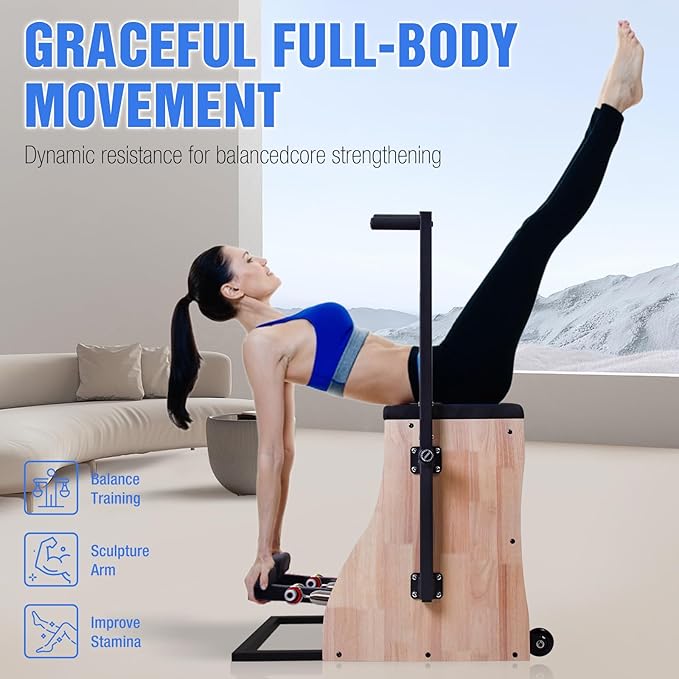 Pilates Chair Wunda Chair Pilates Combo Chair Reformer Machine with Adjustable Resistance Springs Split Pedal Handles Home Gym Equipment for Yoga Core Training Rehabilitation Includes Non-Slip Socks