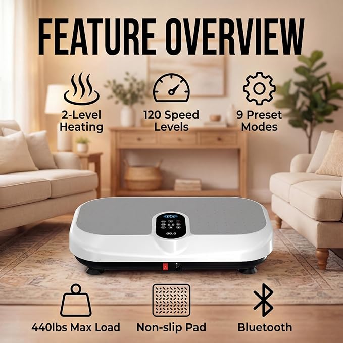Vibration Plate Exercise Machine for Lymphatic Drainage & Weight Loss, Heated Vibrating Platform Full Body Workout Equipment, 440lb Capacity Home Gym Shaker Board with Bluetooth & Resistance Bands