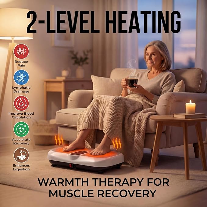 Vibration Plate Exercise Machine for Lymphatic Drainage & Weight Loss, Heated Vibrating Platform Full Body Workout Equipment, 440lb Capacity Home Gym Shaker Board with Bluetooth & Resistance Bands