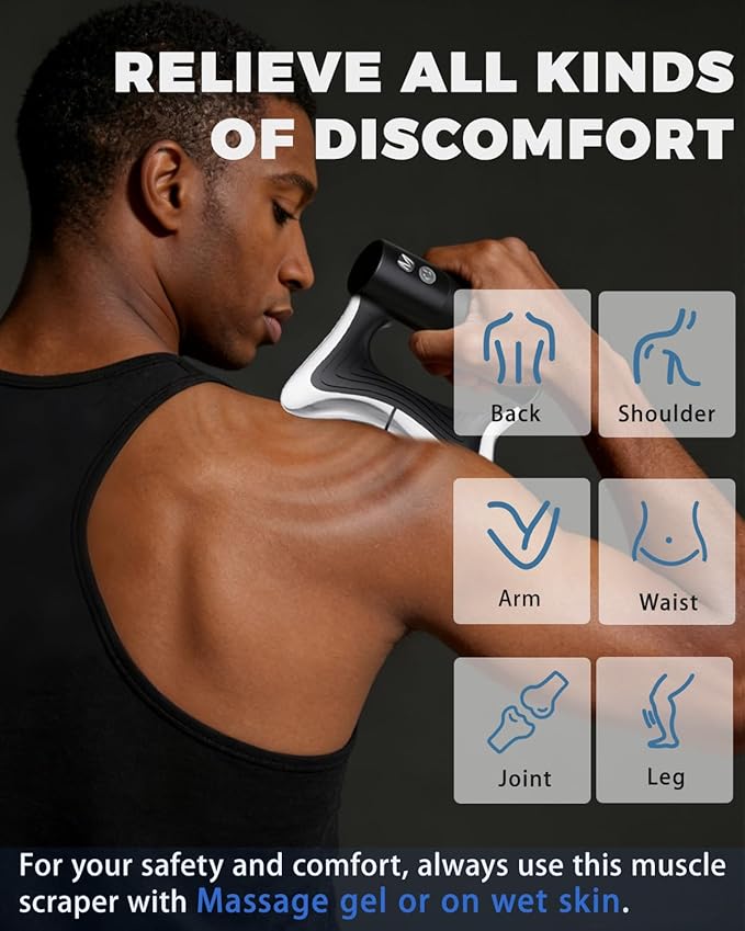 Electric Muscle Scraper Tool with Vibration,Massage& Heat, Portable Gua Sha Massager for Full Body Muscle Recovery, Relaxation, and Pain Relief (Black-Gel)