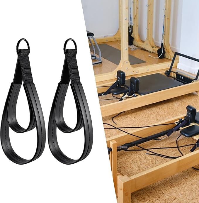 2Pcs Pilates Double Loop Straps for Reformer,Nonslip Comfortable Grip for Ankle Arms Improve Flexibility Strength Dexterity, Black Rings