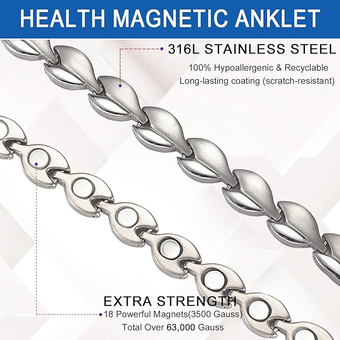 MagVIVACE Magnetic Anklet for Women for Arthritis, Titanium Stainless Steel Ankle Bracelet, 3500 Gauss Magnet, Mother's Day Gift (Stainless Steel Material)