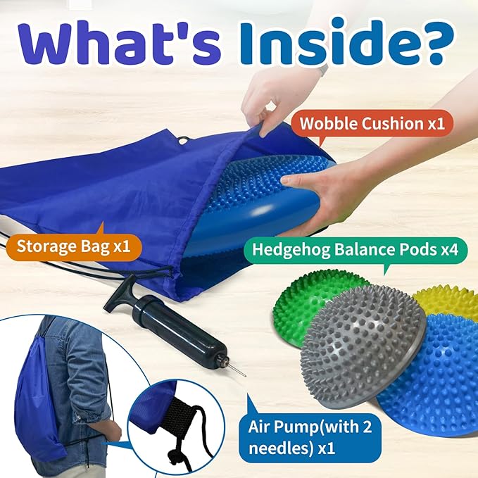 Wobble Cushion Set for Sensory Kids and Balance Training - Disc Plus 4 Pods, Board With Pump, Inflatable Stepping Pads for Adults