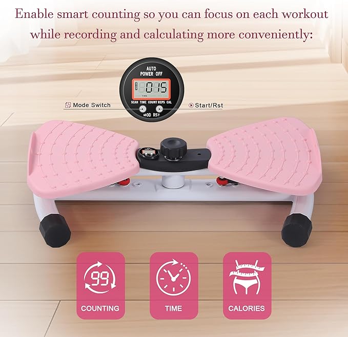 Waist Twister Machine Exercise With Digital Display To Track Time, Reps And Calories Burned, Waist twister machine With Balance Rope, Noiseless Abs Twister Plate, Holds 220 Lbs (pink and white)