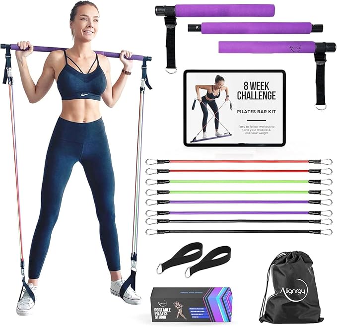 Portable Pilates Bar Kit with Resistance Bands (20, 30, 40, 50 LBS) – Adjustable Home Workout Equipment with 8 Week Training Program – Full Body Fitness Bar for Pilates, Strength Training