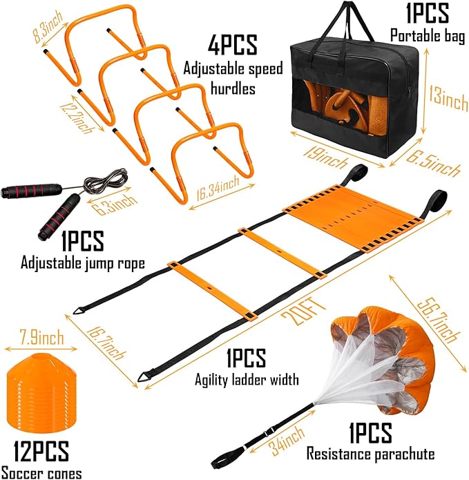 Soccer Agility Training Equipment Set, 20ft Speed Ladder, 12 Soccer Cones, 4 Hurdles, Running Parachute, Jump Rope, Basketball Football Soccer Training Equipment
