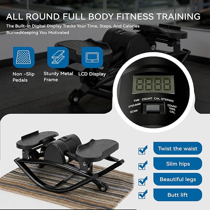 Lateral Rocking Fitness Stepper for Home Workout, Low-Impact Rock Stepper Protects Knees & Joints, Portable Compact Side-to-Side Stepper for Legs, Glutes & Abs Training