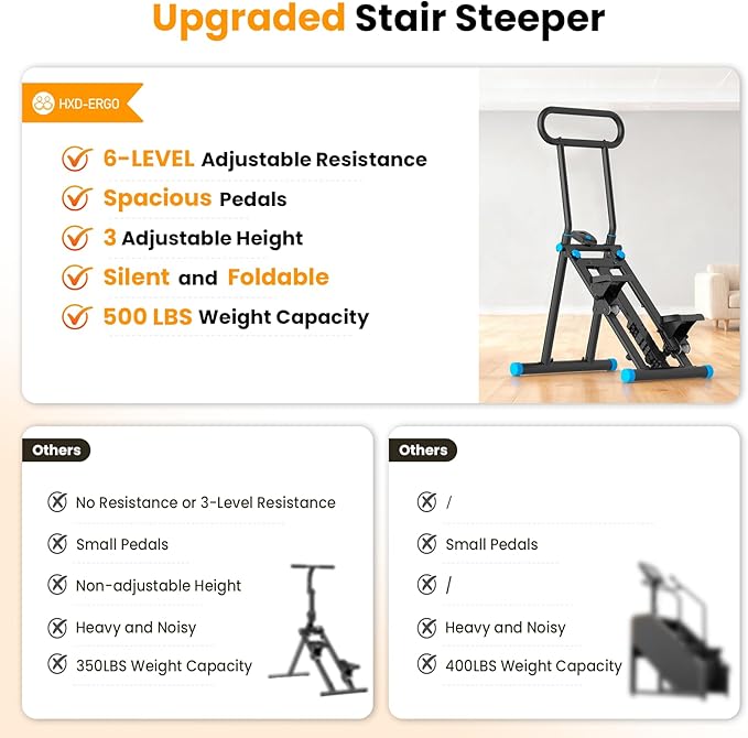 HXD-ERGO Stair Stepper, Upgrade 6-Level Resistance Stair Master with Adjustable Handlebar, Folding Stair Climber Workout Machine