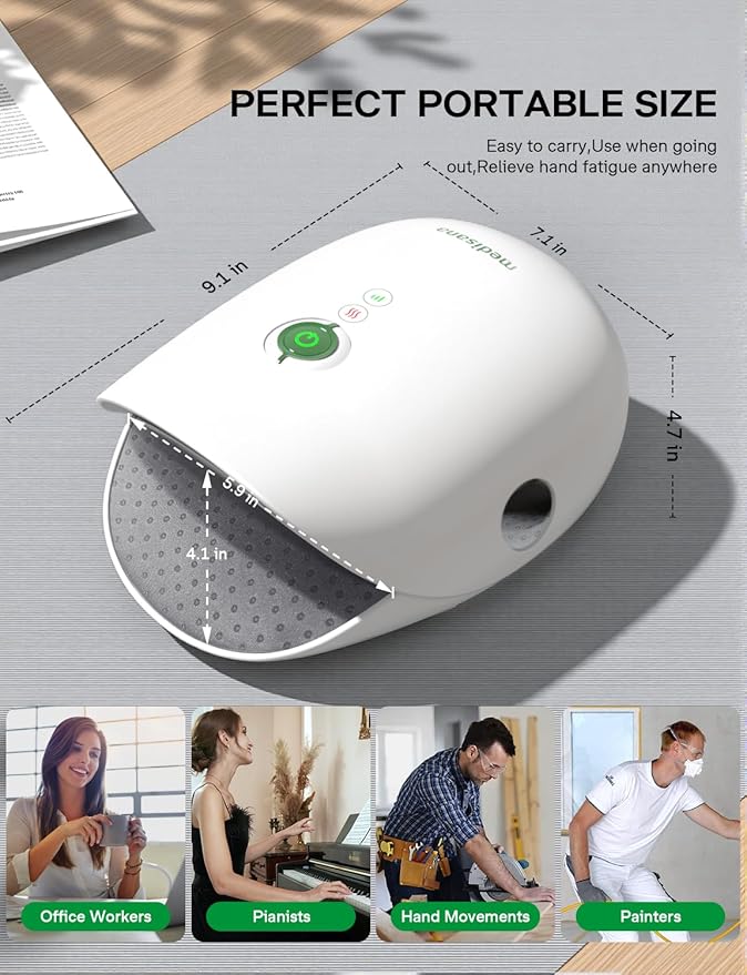 Medisana Hand Massager with Heat and Compression, Cordless Hand Massager for Arthritis and Carpal Tunnel Relief, Knuckle Stretching Massage, Birthday Christmas Gifts for Men Women Dad Mom-White