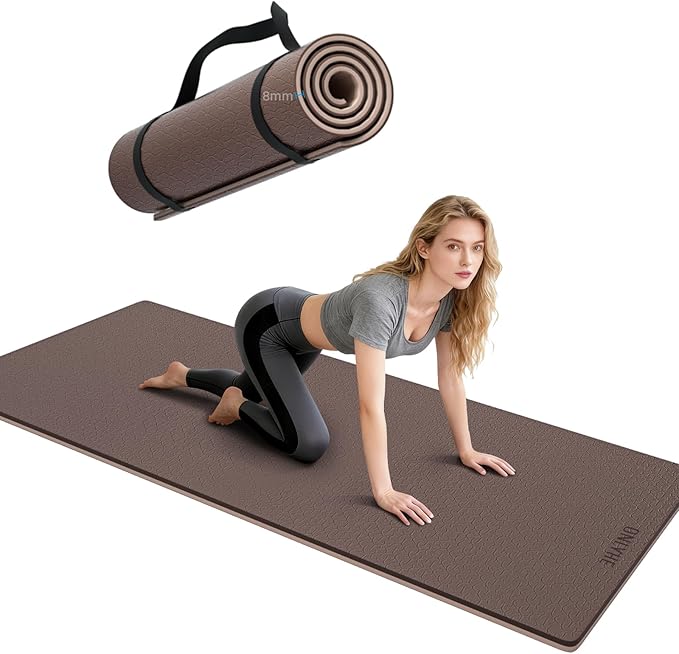 Yoga Mat Thick（8mm）Exercise Mat Non Slip Anti-tear,Pilates Mat for Men and Women,Workout Mats for Home,Barefoot Workouts and Floor Exercise,with Carrier Strap(71"x 24" ) (Light coffee + apricot)