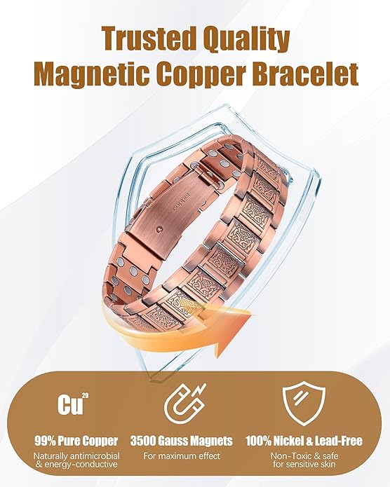 3X Strength Magnetic Copper Bracelet for Men - 99.9% Pure Copper Bracelet & Ring Set - Premium Fold-Over Clasp and Adjustable Length Sizing Tool & Jewelry Box