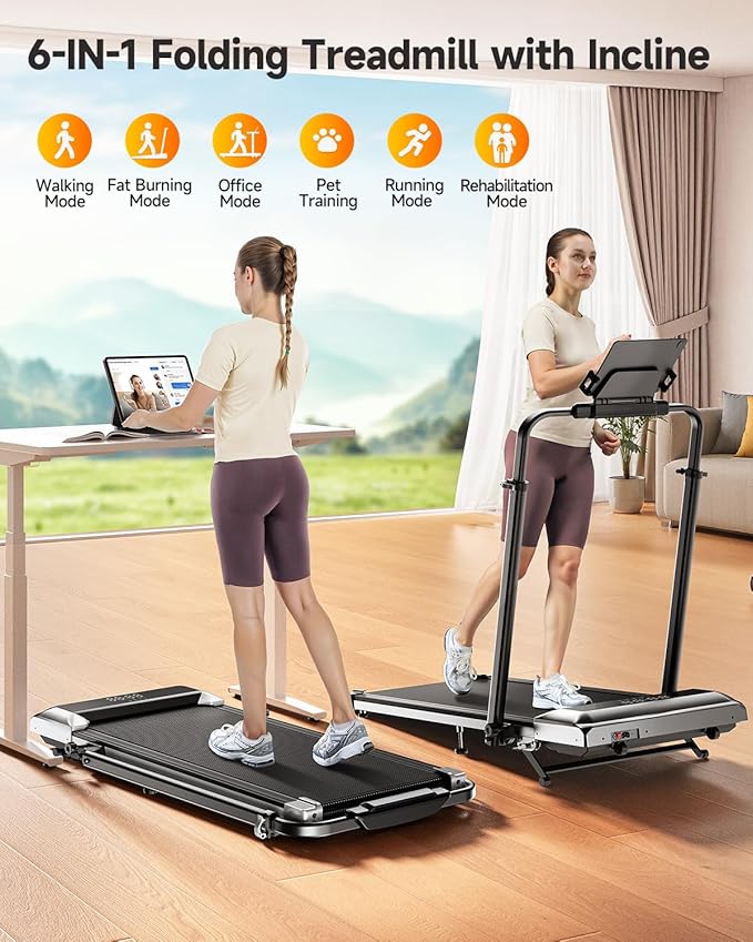 Walking Pad Treadmill with 12% Incline, 6 in 1 Folding Treadmill with Adjustable Handle Bar for Home/Office, Under Desk Treadmills Portable Walking Pad with App, Remote Control & LED Display