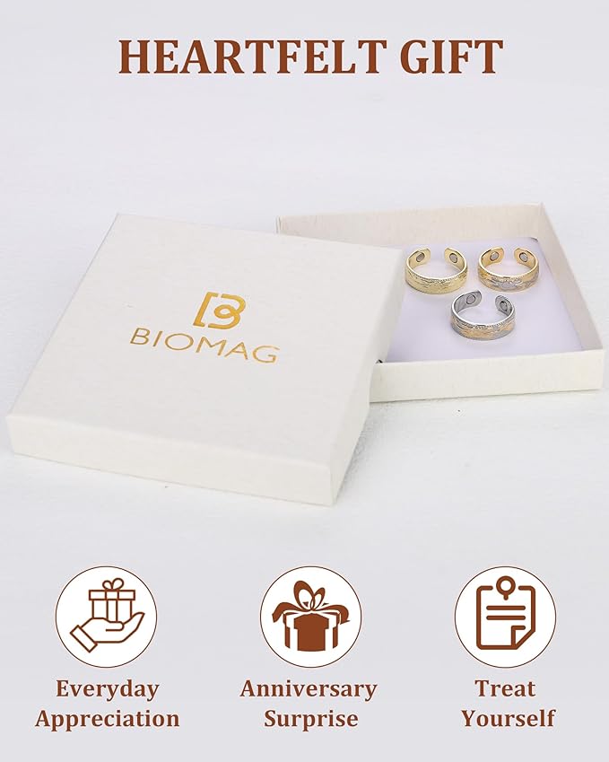 BioMag Magnetic Lymphatic Drainage Ring Set, 3 Pcs 99.99% Pure Copper Magnetic Rings for Women with 3500 Gauss Magnets, Adjustable Size, Floral Branch and Leaf Pattern