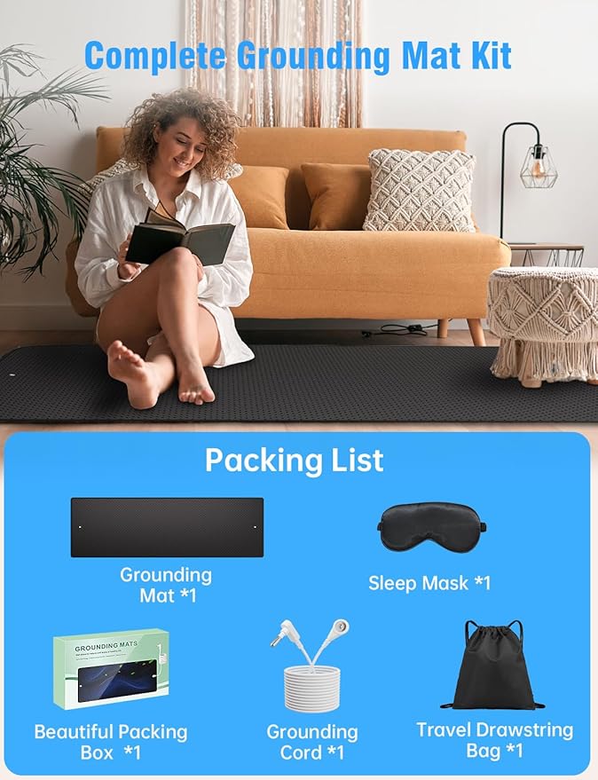 Grounding Mat for Bed with Leather, Improve Sleep, Relieve Stress & Pain, Anti-Slip & Eco-Friendly PU Leather, Includes Grounding Cord & Sleep Mask for Enhanced Rest Magnetic Therapy Queen Black