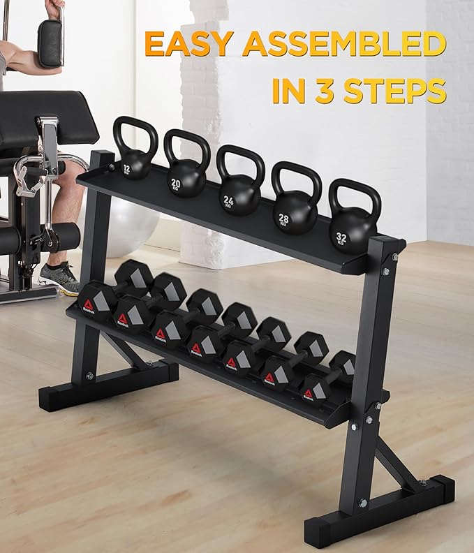 48" Kettlebell Storage Rack, 2-Tier Dumbbell and Kettlebell Rack for Home Gym, 1000LBS Weights Storage for Free Weights, Dumbbells, Kettlebells and Medicine Ball