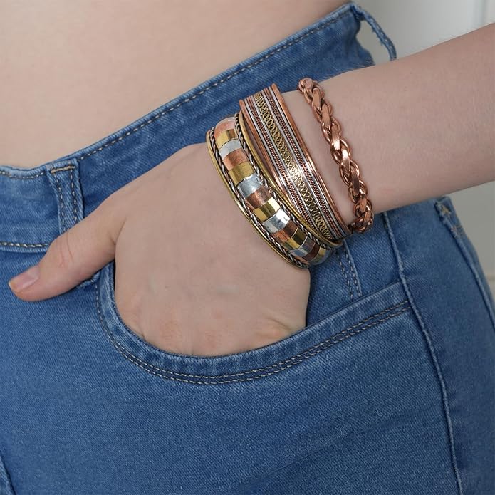 Copper Bracelet Tibetan Style. Hand Forged with Solid and High Gauge Copper Jewelry Cuff for Women Men. Combo of Different Designs