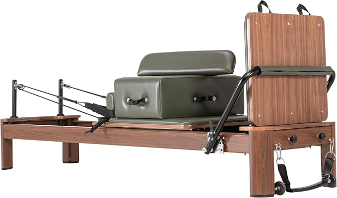 Foldable Oak Wood Pilates Reformer Machine with Reformer Box & Jump Board for Home, Studio, Gym & Yoga - 12-Level Resistance, Adjustable Shoulder Pad, Lightweight Aluminum Frame & PU Leather Carriage