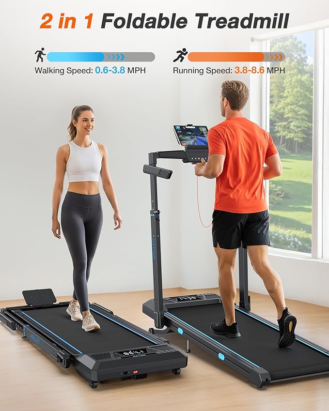 WELLFIT Treadmill with Auto Incline, 4 in 1 Foldable Treadmills for Home with Adjustable Height, 3.5HP Quiet Under Desk Treadmill, 350 LBS Capacity Portable Walking Pad with App, Space-Saving Design