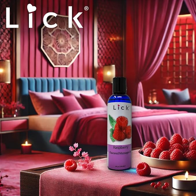 Lick Raspberry Flavored Massage Oil – Bright Berry Edible Massage Oil with Sweet Almond Oil & Vitamin E, Smooth Body-Safe Glide for Couples Massage, 4 oz
