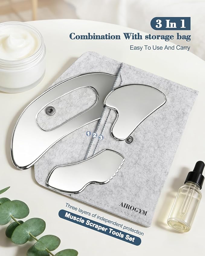 airogym 3 in 1 Stainless Steel Gua Sha Massage Tool - Professional Muscle Scraper for Soft Tissue Mobilization, IASTM Physical Therapy & Myofascial Release - Body Sculpting & Pain Relief Kit