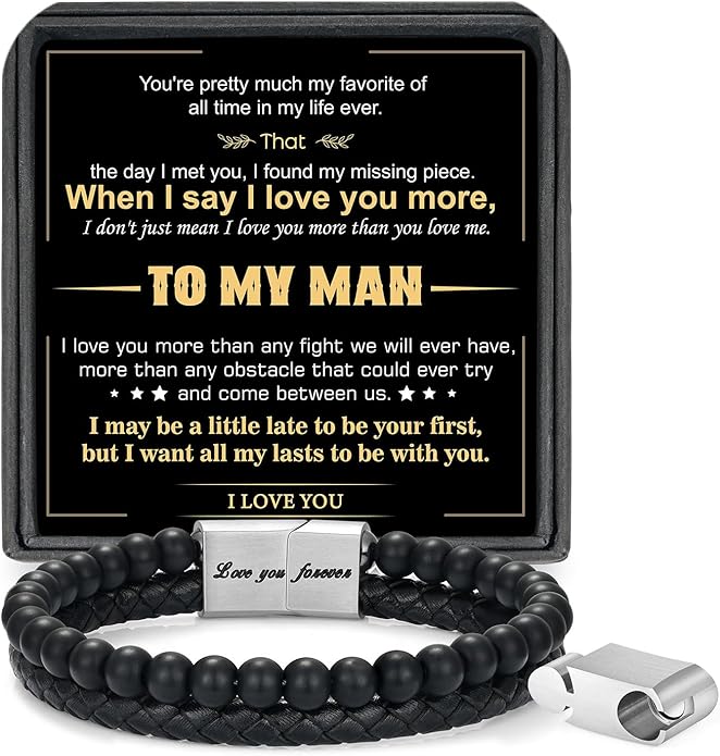 LUXEJEW Gifts for Men - Beaded Leather Bracelet 6mm Matte Agate Stone Bracelets for Men Dad Son Husband Boyfriend Grandpa Grandson Brother Uncle Nephew Adjustable Magnetic Clasp