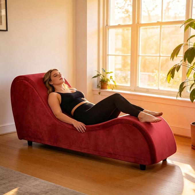 Curved Lounge Bench Chair for, Relaxing, Chaise Chairs with Removable Cover, Metal Frame (Red Velvet)