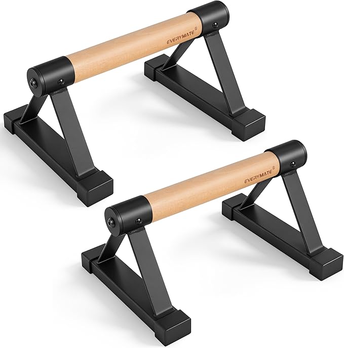 EVERYMATE Wood Push Up Bars Parallettes Bars with Rubber Feet, Anti-slip Handstand Bars for Calisthenics, Equipment for Home, Push Up Handles for Floor, Handstand Push Up Handles, Support 600 LB
