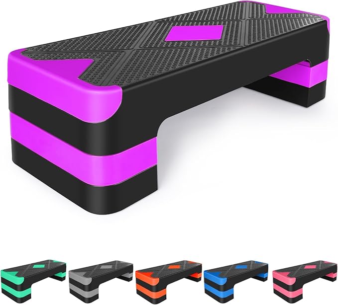 Exercise Workout Aerobic Step Platform Trainer, 27" Aerobic Stepper with 4"-6"-8" Adjustable Height Risers (Purple)