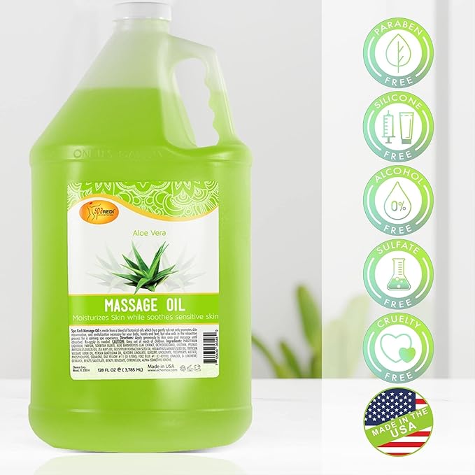SPA REDI - Massage Oil, Aloe Vera, 128 Oz - Professional Pedicure, Manicure, Full Body Massage Therapy, Made with Almond Oil, Cotton Seed Oil, Sunflower Oil, Avocado Oil, Essential Oils, Vitamin E
