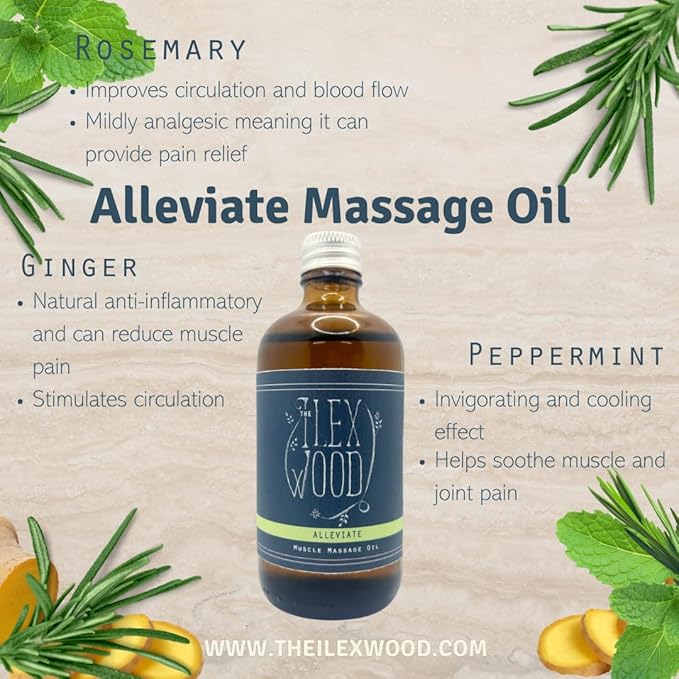 The Ilex Wood - Alleviate - Vegan Natural Muscle Spa Massage Oil, Handmade - 3.38 fl oz (100ml)
