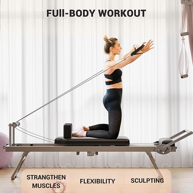 Foldable Pilates Reformer for Home Use, Adjustable Pilates Machine with 5 Resistance Springs, Compact Design for Small Spaces, Supports 350 LBS, Ideal for Beginners & Intermediate Users, Black