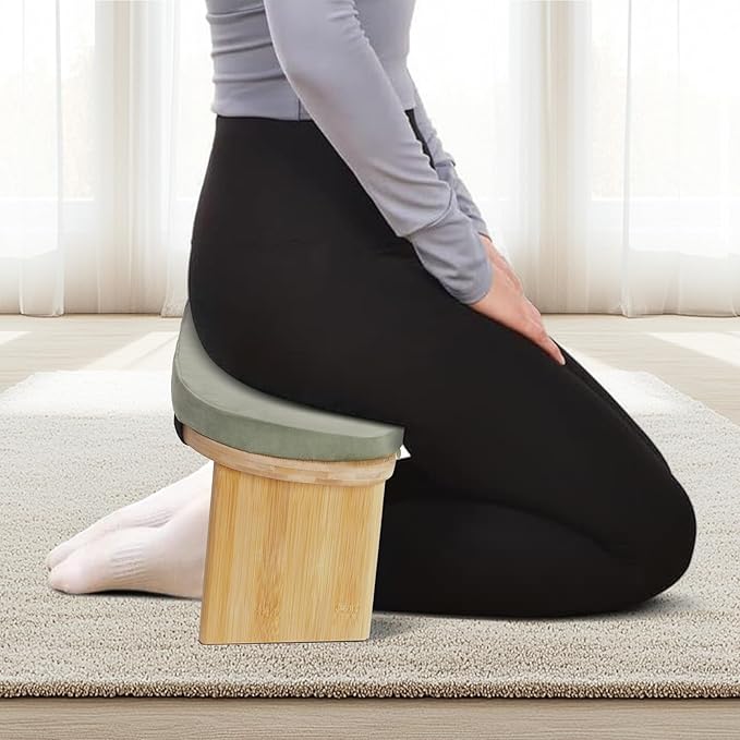 Meditation Bench, Portable Bamboo Meditation Bench Ergonomic Meditation Stool Comfortable Folding Kneeling Meditation Bench with Meditation Cushion for Longer Meditation (Green)
