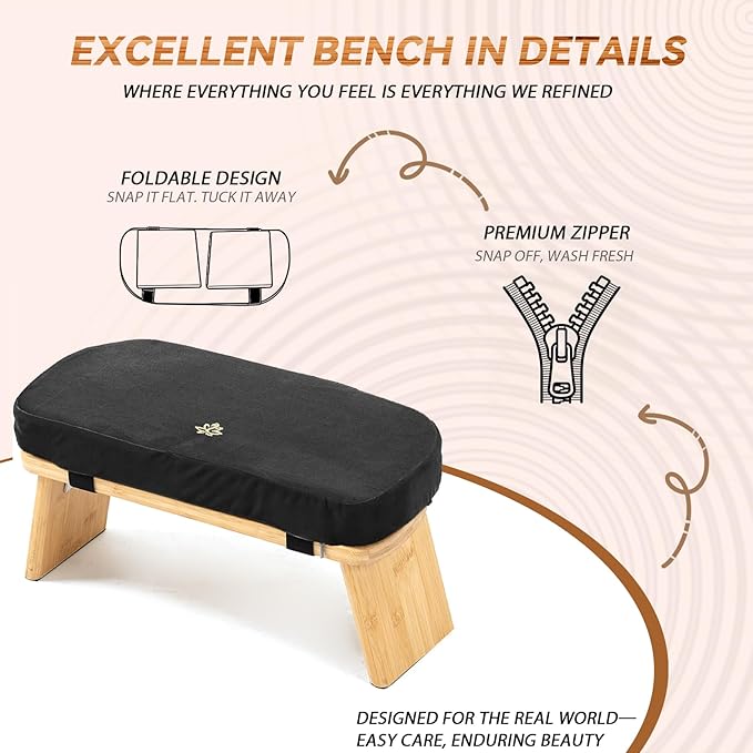 Meditation Bench, Bamboo Meditation Stool, Folding Kneeling Meditation Bench, Seiza Prayer Bench, Prayer Bench with Meditation Cushion, Kneeling Stool(Black)