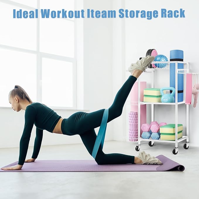 LIANTRAL Yoga Mat Storage Rack - Metal Gym Organizer for Yoga Mats, Foam Rollers & Fitness Equipment, Space Saving Workout Equipment Storage Rack for Home Exercise and Fitness Gear