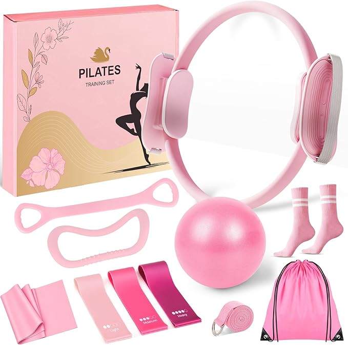 Pilates Equipment Set for Women, Pilates Ring and Ball Set, At Home Pilates Workout Equipment with 15" Magic Circle Ring and Resistance Bands, A Must-Have for Beginners and Seasoned Yogis