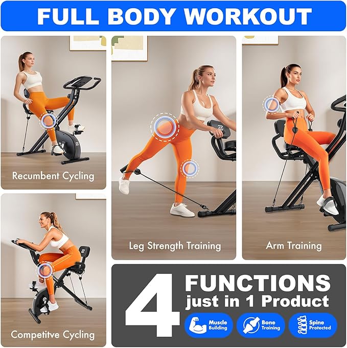Silent Folding Exercise Bike for Apartments - 330lbs Capacity, 3-in-1 Stationary Bike with Arm Bands & Back Support