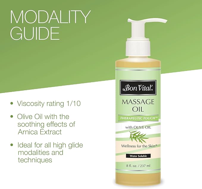 Bon Vital' Therapeutic Touch Massage Oil, 8oz Pump, Unscented Massage Oil for Massage Therapy With Olive Oil, Lightweight Non-Greasy Formula, Professional-Grade for Dry Skin and Sore Muscles