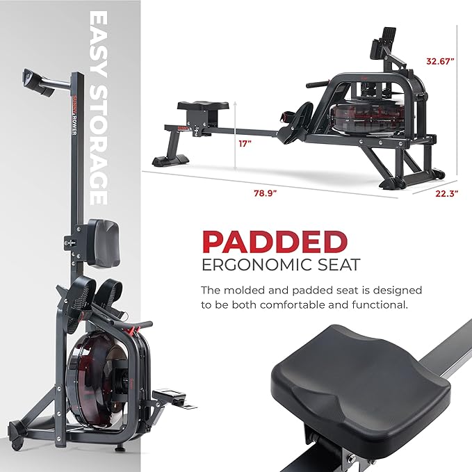 Sunny Health & Fitness AquaStrive Series Smart Water Rower, 300LB Capacity Plus Dynamic Hydro Resistance for Home Cardio Workout, Free SunnyFit Training App Connection