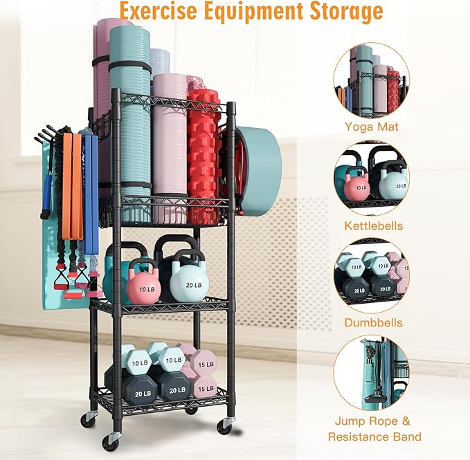 FUTASSI Home Gym Storage, 3 Tiers Workout Equipment Organizer with Wheels for Yoga Mats, Foam Roller, Dumbbells, Kettlebells, and Resistance Bands