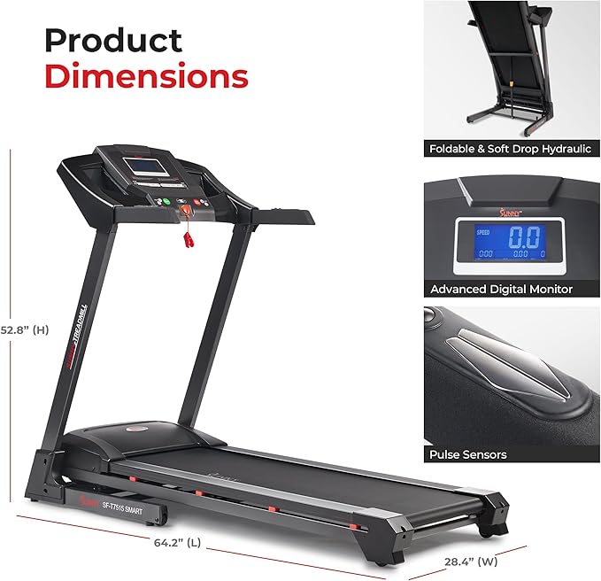 Sunny Health & Fitness Premium Smart Treadmill with Auto Incline, Dedicated Speed Buttons, Digital Performance Display