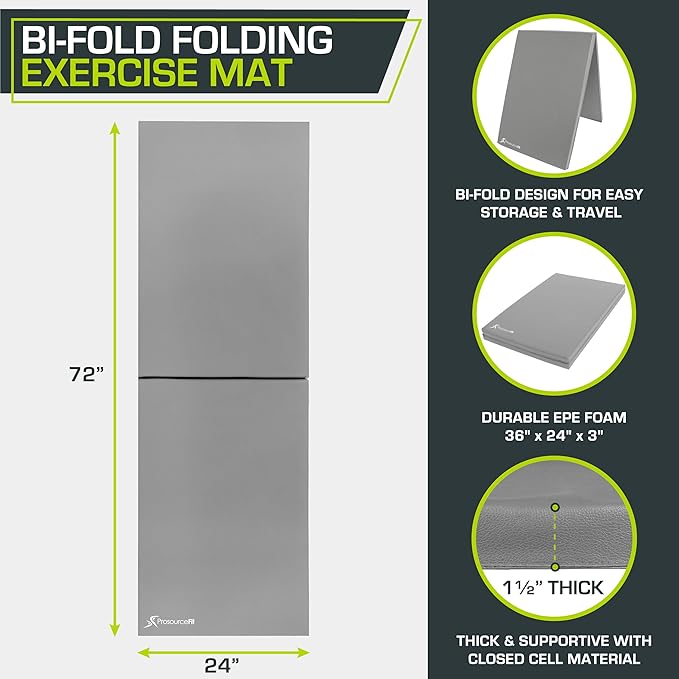 ProsourceFit Bi-Fold Folding Thick Exercise Mat 6’x2’ with Carrying Handles for MMA, Gymnastics Core Workouts