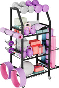 Homeiju Dumbbell Rack, Weight Rack for Home Gym, Yoga Mat Storage Holder with Lockable Wheels, Dumbbell Stand with Hooks, All in One Work out Equipment Storage for Yoga Mat Dumbbell and Balls
