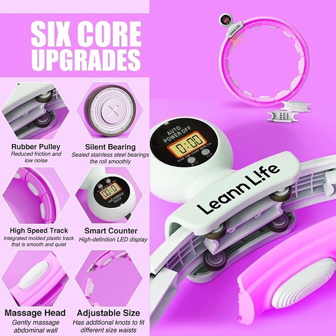 U5 Smart Weighted Hula Hoop with Counter & Waist Trimmer – 16 Knots, 28"–46" Adjustable Infinity Hoop Plus Size, Quiet Rubberized Wheels, Ab Workout Fitness, Weight Loss, Abdominal Toner
