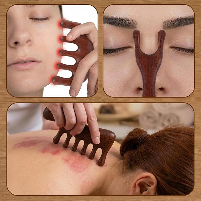 6 Pcs Natural Wooden Scalp Massager Comb Tool Set with Flocked Storage Bag Scalp Massage Tool for Stress Relief, Gua Sha & Therapy for Women Men Hair Growth Body Therapy